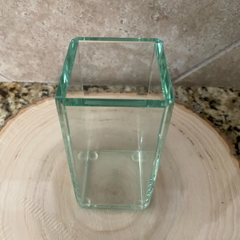 Leeman Atrium Green Glass Desktop Organizer Pen Pencil Holder Thick Beveled Cut